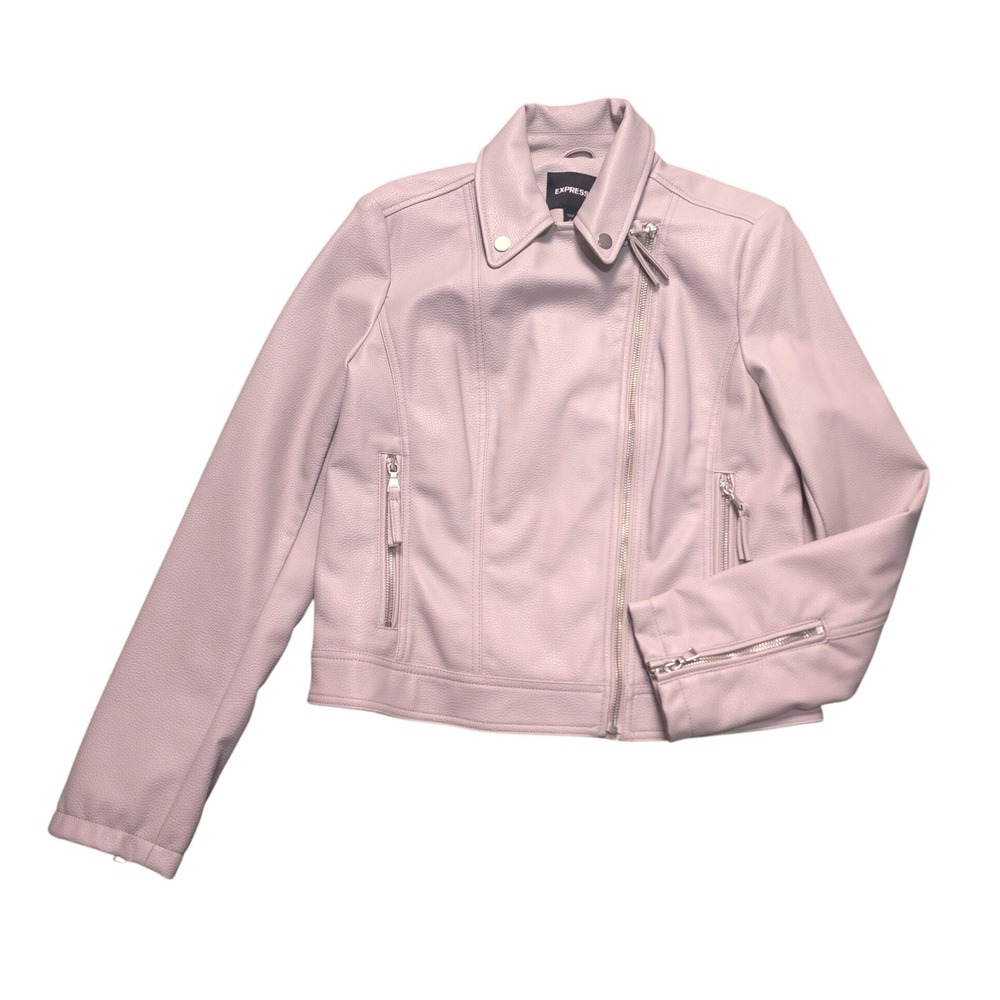 Express Womens Off White Faux Leather Moto Jacket Medium Biker ZipUp Modern Edgy